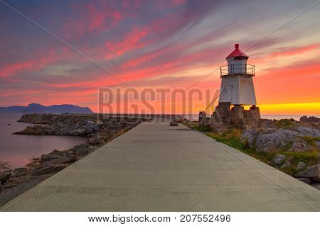 Old lighthouse in Laukvik at sunset Lofoten Nordland Norway