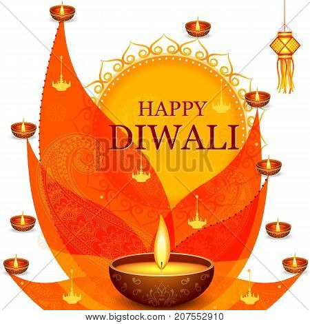 vector illustration of Decorated Diya for Happy Diwali festival holiday celebration of India greeting background