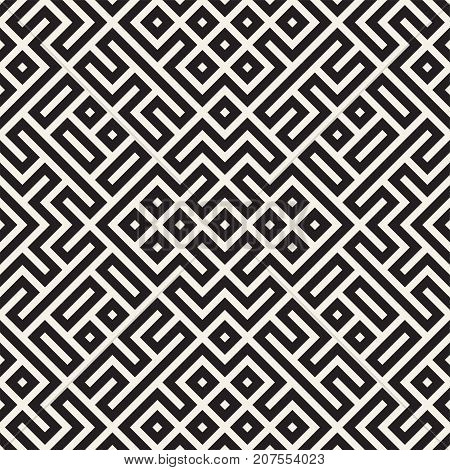 Geometric Ethnic Background With Symmetric Lines Lattice. Stylish Monochrome Texture. Vector Abstract Seamless Pattern.