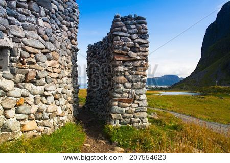 On the coast in Eggum Lofoten Islands Norway. Borga Eggum - Old radar station.