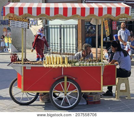 Man Is Selling Fried Corn And Chestnut Outdoor In Istanbul