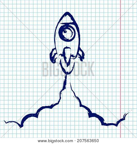 Minimalistic rocket launch hand draw icon. Rocket illustration wit clouds, space and launch fire isolated on simple exersice book paper background