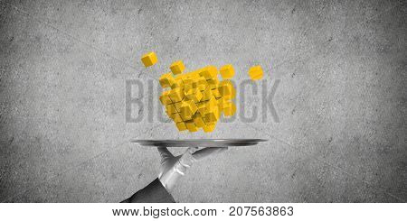 Cropped image of waiter's hand in white glove presenting multiple cubes on metal tray with gray background. 3D rendering.