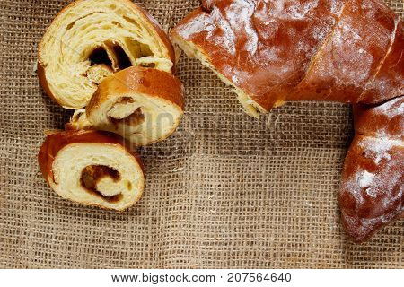 bagel with jam cut in sackcloth. view from above
