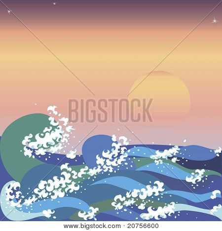 Coucher de soleil & les vagues de la mer en japonais Style.eps
