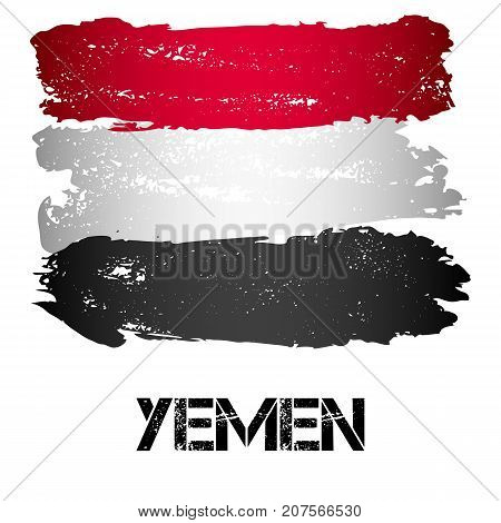 Flag of Yemen from brush strokes in grunge style isolated on white background. Arab country on Arabian Peninsula in Western Asia. Vector illustration