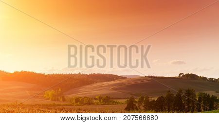 Classic view of scenic Tuscany landscape in beautiful golden morning light at sunrise in summer. Montalcino Italy