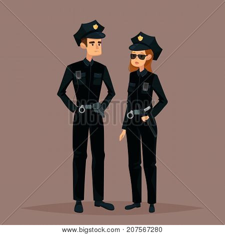 Police man and woman in sunglasses. Cartoon american policeman and policewoman, standing sheriff. Couple of people at work or job. Man and female in uniform. Guard and safety service theme