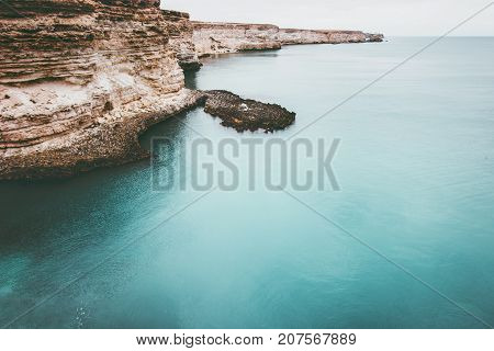 Blue Sea with rocky seaside Landscape calm and tranquility scenic view vacations travel