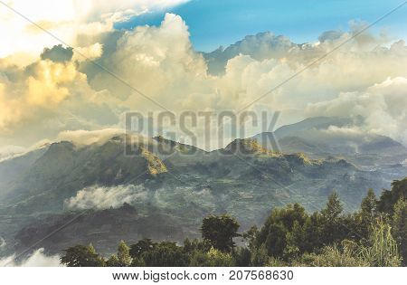 A view of Dieng Plateu from the top of Prau Mountain in Wonosobo, Indonesia.