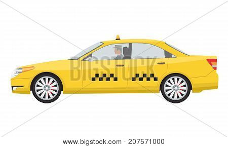 Yellow lux and vip taxi car and taxi driver with uniform. Illustrated vector.