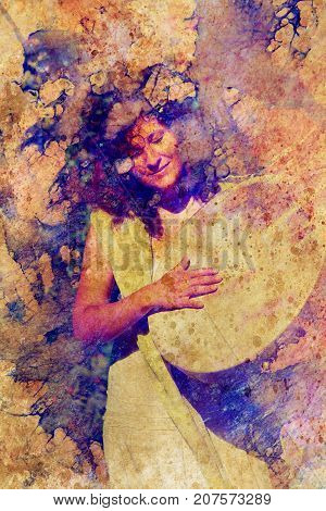 shamanic girl with frame drum on abstract structured background