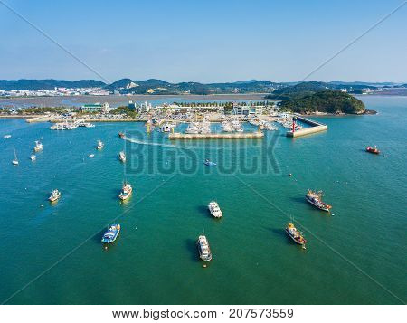 High Angle View Of The Sea With Many Boat In Daebudo Island,south Korea.