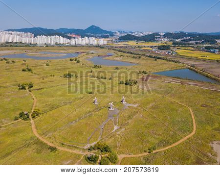 Aerial View Of Wooden Windmill At Incheon Sohrae Ecological Park, South Korea
