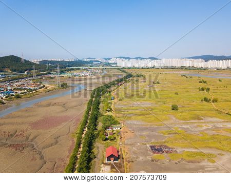 Aerial View Of Wooden Windmill At Incheon Sohrae Ecological Park, South Korea