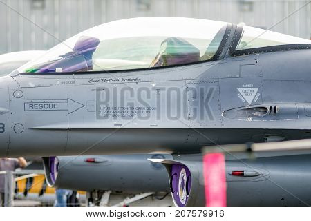 SLiAC SLOVAKIA - AUGUST 27: Cockpit of F-16 Falcon on planes Pilatus PC-9 at airshow SIAF 2017 on August 27 2017 in Sliac