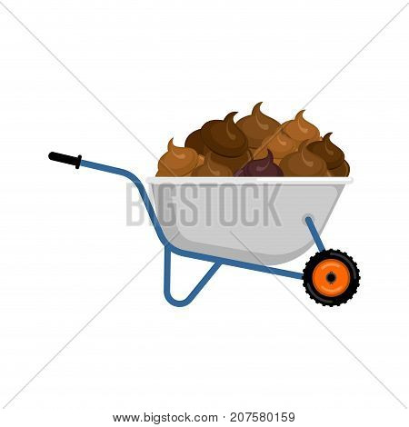 Wheelbarrow And Shit. Turd In Garden Trolley. Vector Illustration