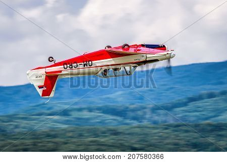 SLIAC SLOVAKIA - AUGUST 27: Pilot demonstration at plane Z-526 at airshow SIAF 2017 on August 27 2017 in Sliac