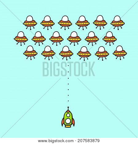 Hand drawn cartoon style ufo arcade game concept. Rocket in space against aliens ships comic mobile game