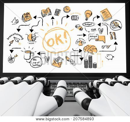 3D Robotic Hands Typing On A Laptop With Approbal Sketch On Screen