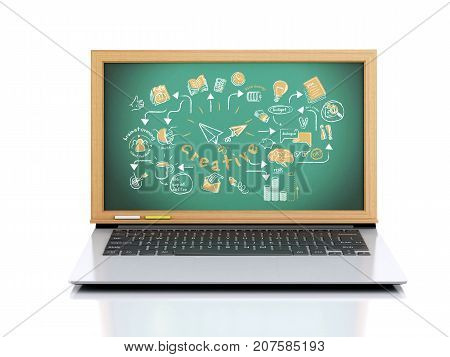3D Laptop With Creative Sketch On Chalkboard