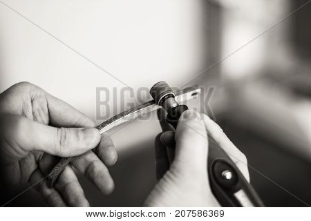 repair eyeglasses Workshop for the production of glasses from a tree close up