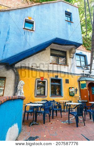 Vienna, Austria - October 14, 2016: Facade Of Huntdertwarsser House In Vienna. The Hundertwasser Hou