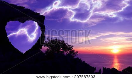 Silhouette Valentine background conceptHeart-shaped stone on a mountain with purple sky sunset and lightning background.