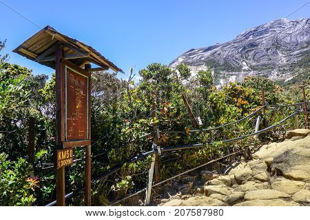 Ranau Sabah Borneo-March 12,2016:National park signboard at Timpohon mountain trail to Laban Rata of Mountain Kinabalu,Sabah.Climbing season officially start on Dec 1,2015 after closure due to earthquake on June 2015.