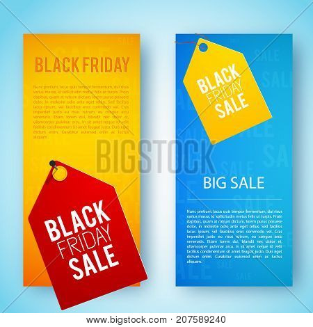 Two orange and blue colors vertical black friday banner set with big sale tags vector illustration