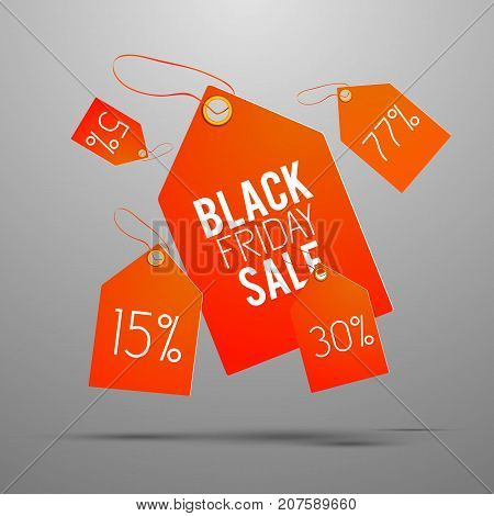 Five isolated shadowed sale tag set in orange color on gray background vector illustration