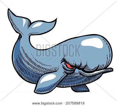 Grumpy funny whale cartoon image. Artistic freehand drawing. Authentic cartoon.