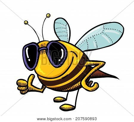 Funny bee wearing sunglasses, cartoon image. Artistic freehand drawing. Authentic cartoon.