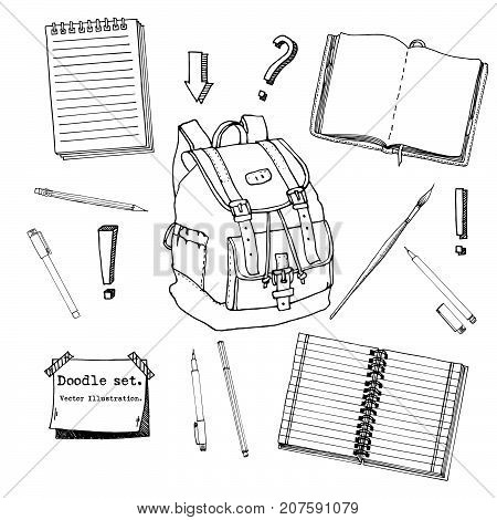 Hand drawn doodle set of school teen elements. Back to school. Writing supplies copybook notebook sticky notes backpack in cartoon style. stationary. Design for print. Pattern. Vector illustration.