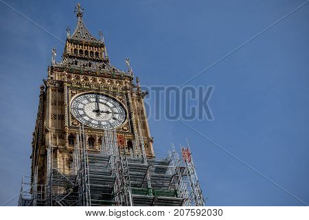 London, 28th September 2017:- The Palace of Westminster, home to the British Parliament with scaffolding due to renovation work on the UNESCO world heritage site.