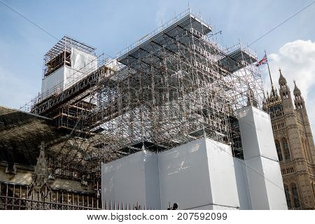 London, 28th September 2017:- The Palace of Westminster, home to the British Parliament with scaffolding due to renovation work on the UNESCO world heritage site.