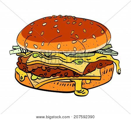 Delicious Burger cartoon image. Artistic freehand drawing. Authentic cartoon.