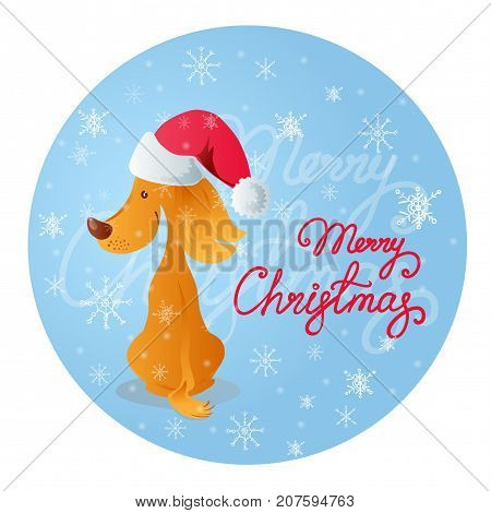 Vector illustration in cartoon style of a cute sitting smiling yellow dog in a red cap. Blue background with white snowflakes and red lettering Merry Christmas.