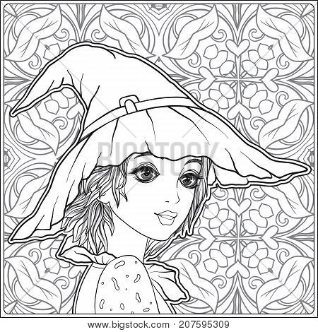 Portrait of a young beautiful girl in Halloween or Day of the Dead make up on decorative background. Outline hand drawing coloring page for the adult coloring book. Stock vector illustration.