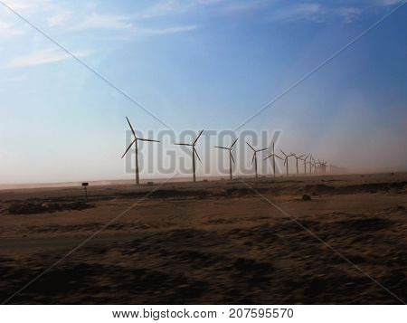 Egypt North Africa field with wind turbines