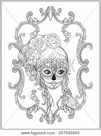 Portrait of a young beautiful girl in Halloween or Day of the Dead make up in decorative frame. Outline hand drawing coloring page for the adult coloring book. Stock line vector illustration.