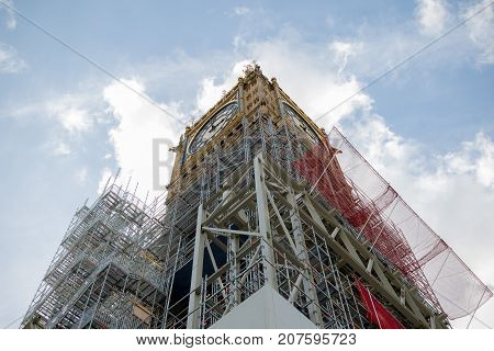 London 28th September 2017:- The Palace of Westminster home to the British Parliment with scaffolding due to renovation work on the UNESCO world heritiage site.