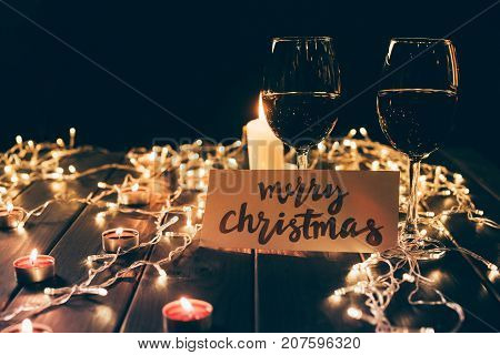 Glasses With Wine And Merry Christmas Card
