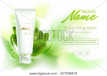 Advertising Poster Cosmetics Shampoo, Lotion, Shower Gel With Extract Or Mint Flavor. A Model For Th
