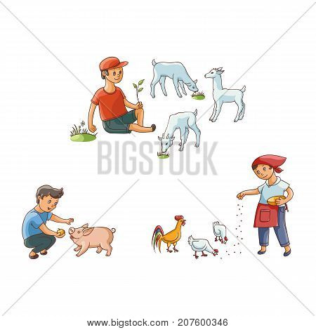 vector flat teen children at countryside scenes set. boy shepherd farmer sitting at meadow grazing goats on pasture, girl, boy feeding chickens and pig. Isolated illustration on a white background.