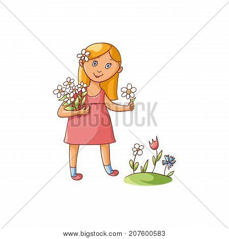 Cute little girl in summer dress picking flowers on the field, flat cartoon vector illustration isolated on white background. Hand drawn cartoon little girl picking flowers in spring, summer garden
