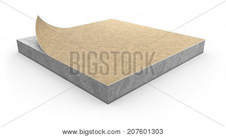 Linoleum floor cover installation concept on white background. 3D illustration.