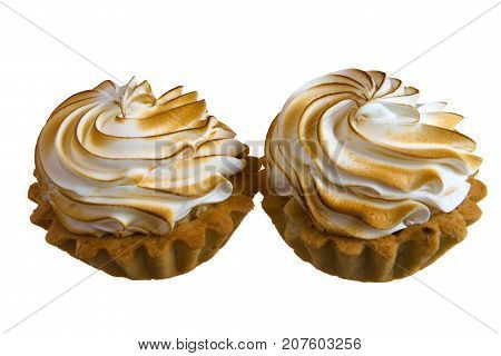 Cake Basket with topping from baked bise. Food.