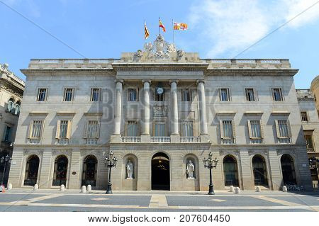 Barcelona City Hall (Casa de la Ciutat, Ajuntament) is located at Old Town (Ciutat Vella) of Barcelona, Catalonia, Spain.