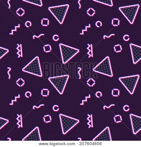 Neon seamless pattern with memphis and 80s style shapes